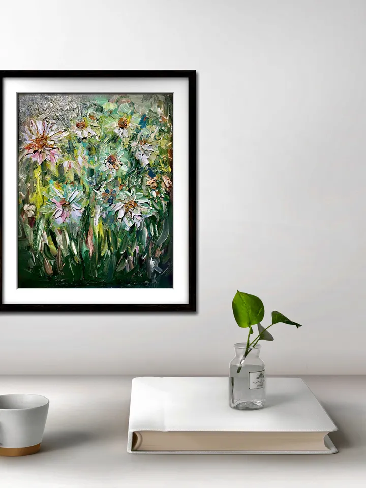 Daisies oil painting,abstract flowers original oil painting on stretched canvas,textured impasto style oil painting,flowers wall hanging