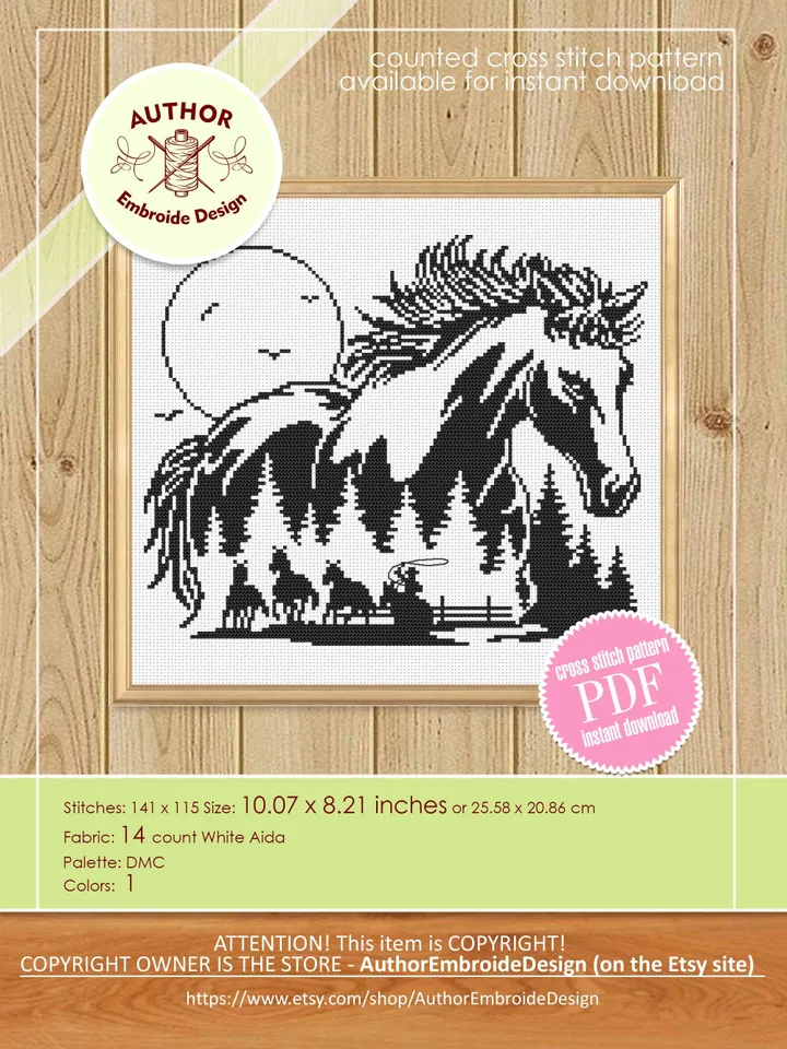 Horse cross stitch pattern PDF download Horse silhouette cross stitch chart, Monochrome nature pattern digital, Gift for horse lover #L84