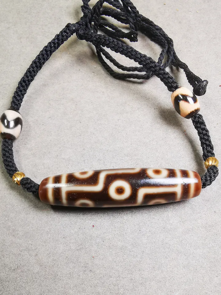 Gandhanra Antique Tibetan Dzi Bead Necklace,Nine Eyed Dzi (30 Years Old) + Tiget Tooth Bead, Attract Wealth and Good Luck
