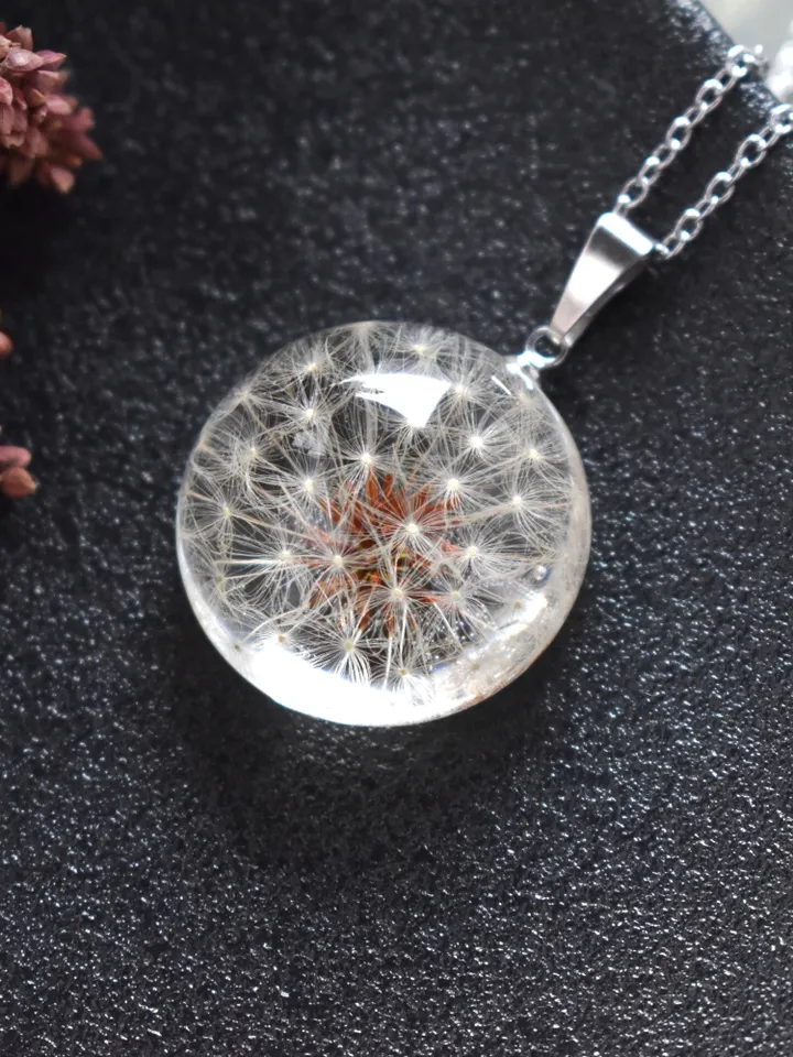 Real Dandelion pendant. A whole dandelion necklace. Transparent hemisphere pendant.