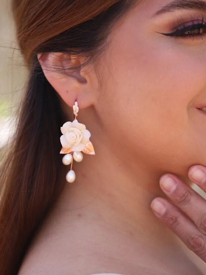 Rose Gold Boho Wedding Earrings, Delicate Porcelain Flowers Wedding Earrings, Pearl Teardrop Bridal Earrings, Statement Leaf Wedding Jewelry