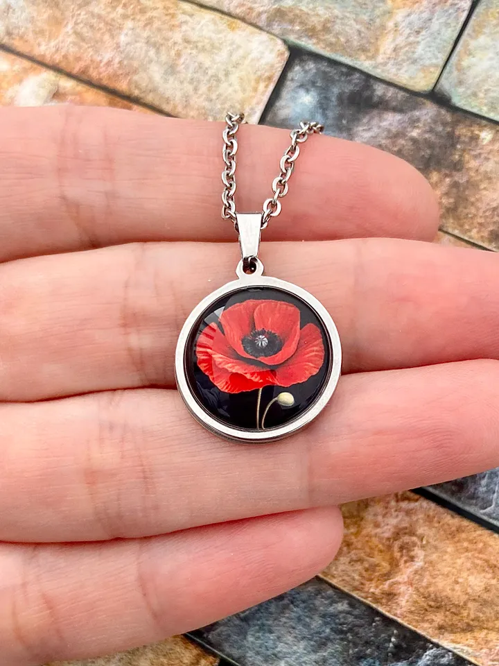 Red poppy flower necklace, steel pendant with glass