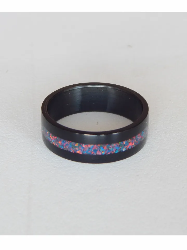 Stylish black ring. Carbon ring with synthetic opal. 10 1/2