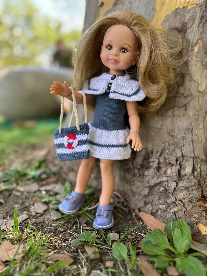 PDF Knitting Marine SET Dress Beret Collar Bag Pattern & Tutorial – Cozy Outfit for 13-Inch Dolls Paola Reina eng