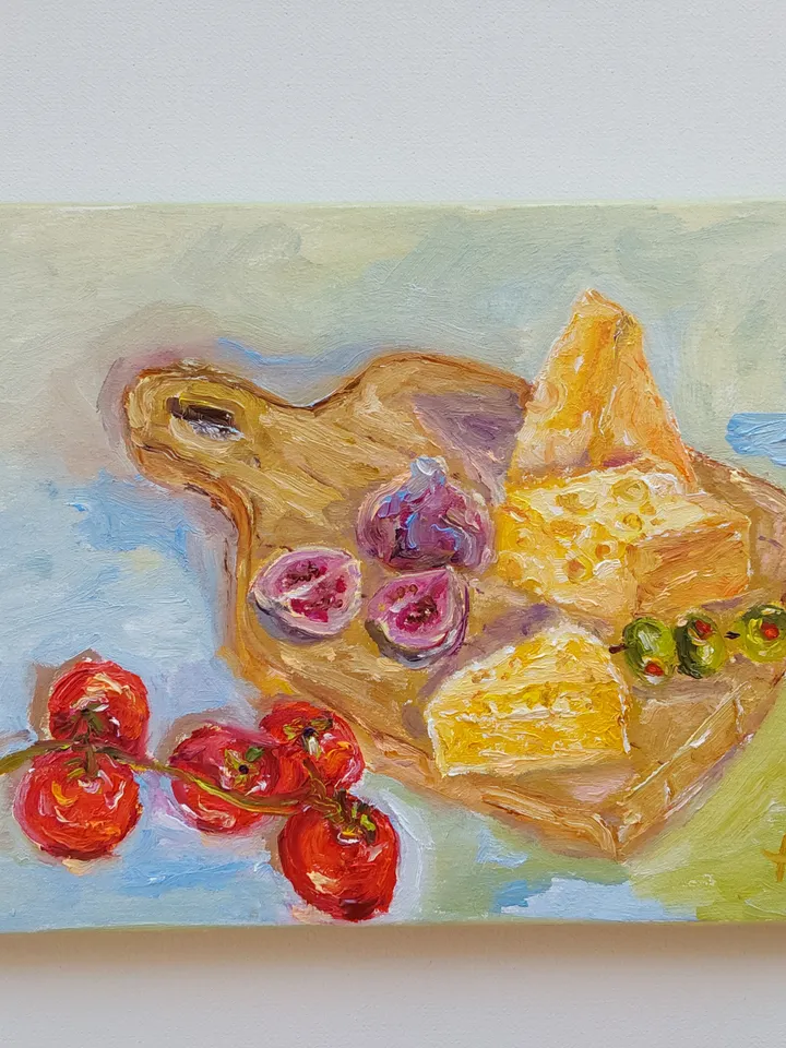 Oil painting on canvas "Still life with cheese" 25x20cm (10x8inch)