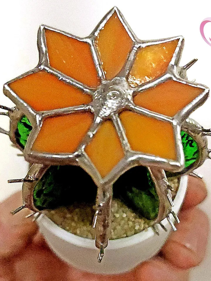 Stained Glass Cactus Suncatcher in White Pot with Stand - Cute Miniature Barrel Cactus with Flower