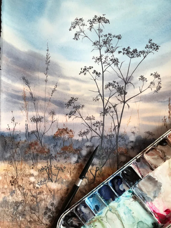 Meadow Original Watercolor Painting Field Landscape Wildflowers Art