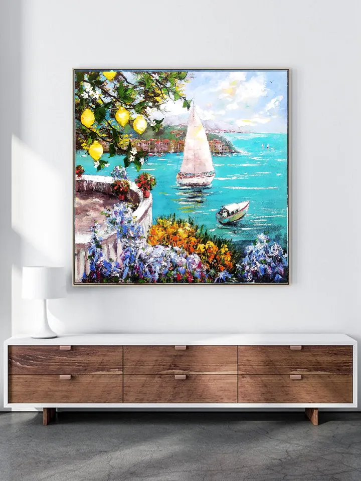 Italy Painting Amalfi Original Art Impaso Oil Painting Office painting Sea Painting Impasto Large Flowers Canvas Art 32x32 inches