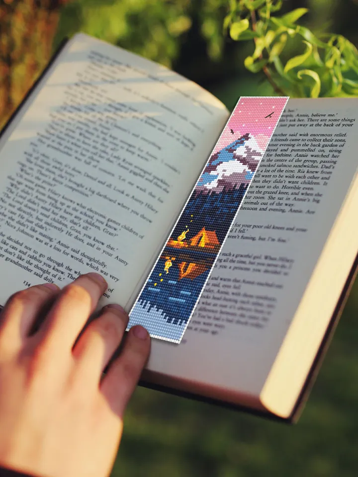 Bookmark camping cross stitch pattern digital PDF Handmade bookmark nature embroidery beginners Instant download Gift for book lover #B16