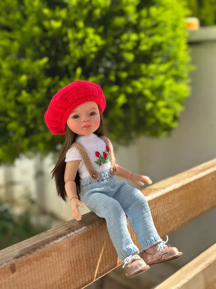 5 ITEMS Set: Cardigan, T-Shirt, Beret, Jeans, Shoes - Exclusive Handmade Outfit - Paola Reina Doll