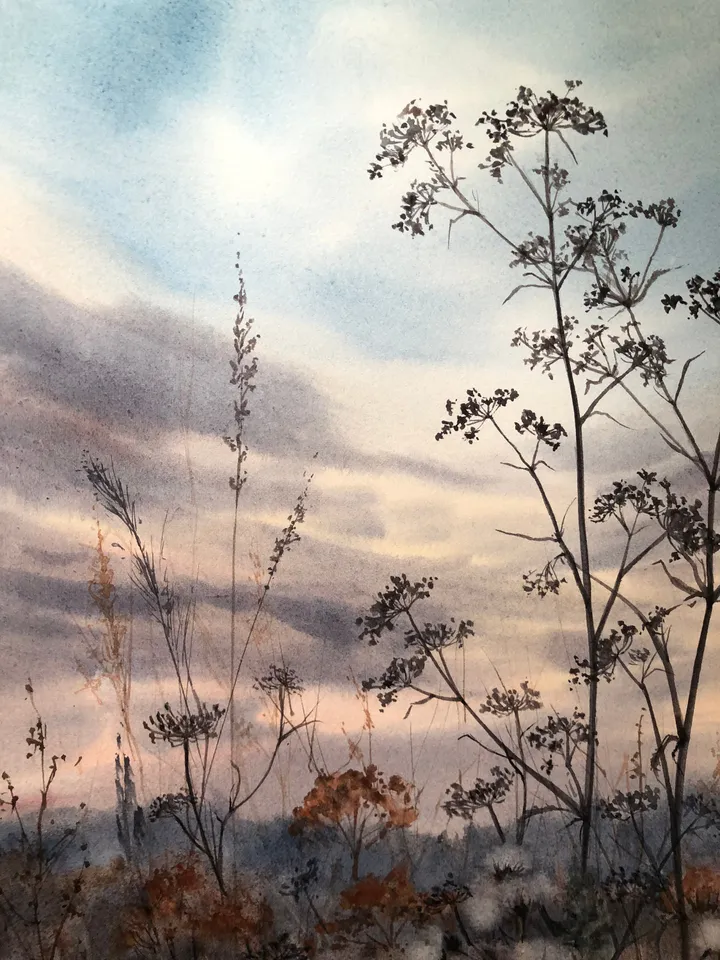 Meadow Original Watercolor Painting Field Landscape Wildflowers Art