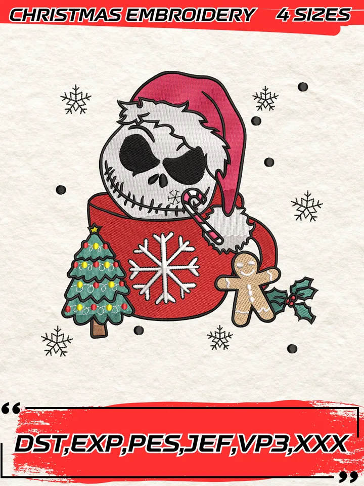 Jack Skellington Christmas Embroidery Design, Jack Skellington Embroidery,Christmas Embroidery Design,4 Sizes,Digital Download