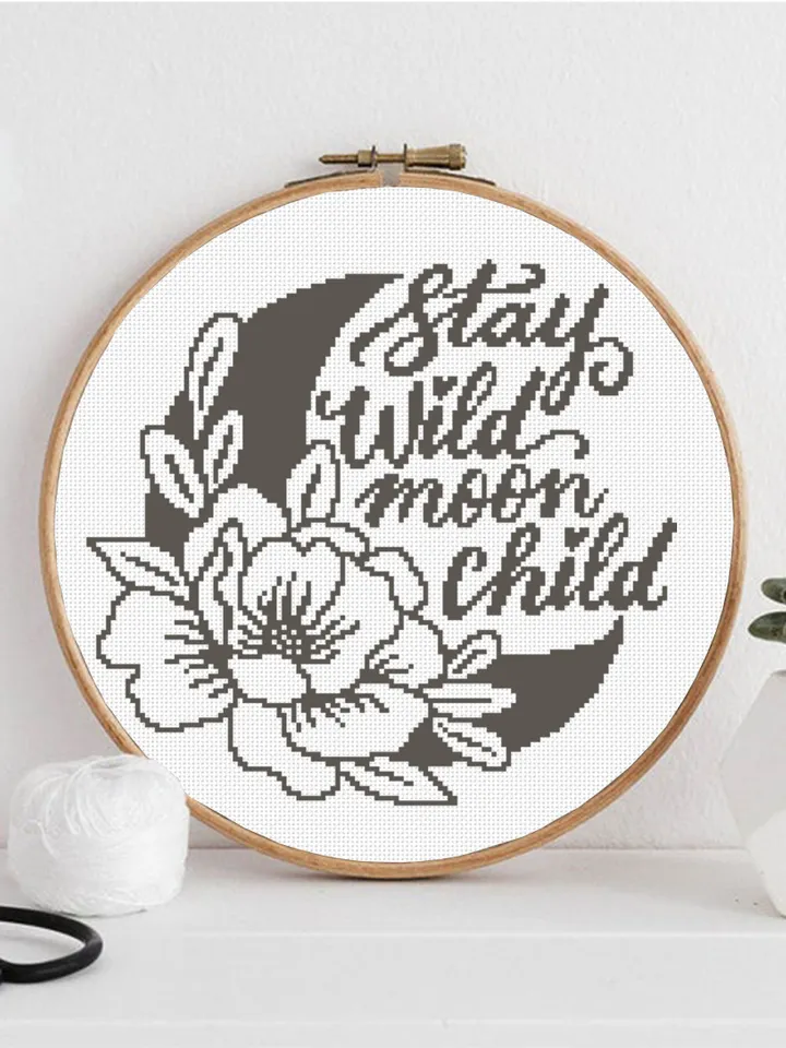 Floral moon cross stitch pattern PDF download Stay wild moon child cross stitch chart, Moon pattern digital PDF, Crescent moon decor #Q51