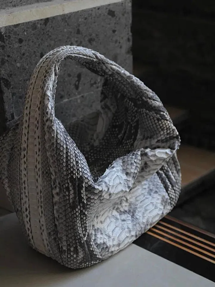 Medium Soft Hobo Classy Sport Woman Stitched Bag | Purse Genuine Python Skin | Dewi Gray Big Elegant Leather Designer Soft Bag Snake |