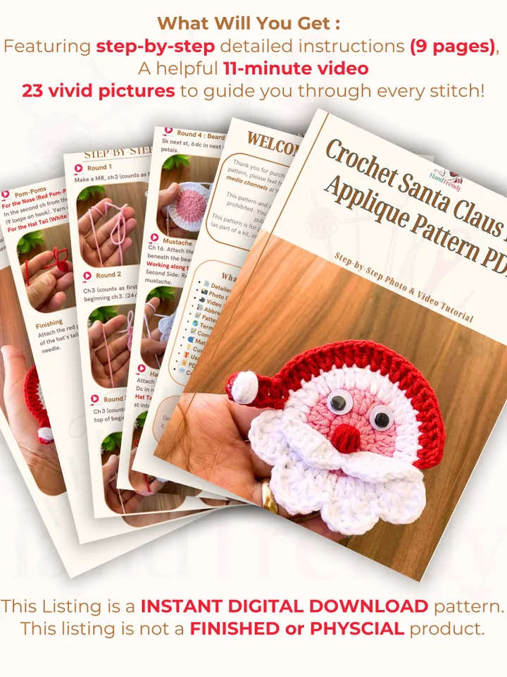Crochet Santa Claus Face Applique - Crochet Xmas Tree Decor - Beginner-Friendly Crochet Santa Claus Pattern