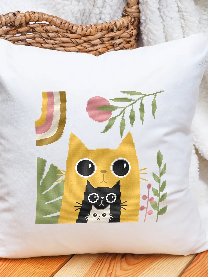 Boho cat cross stitch pattern PDF download Boho cross stitch chart, Abstract nature pattern digital PDF, Boho floral, Cat lover gift #K37