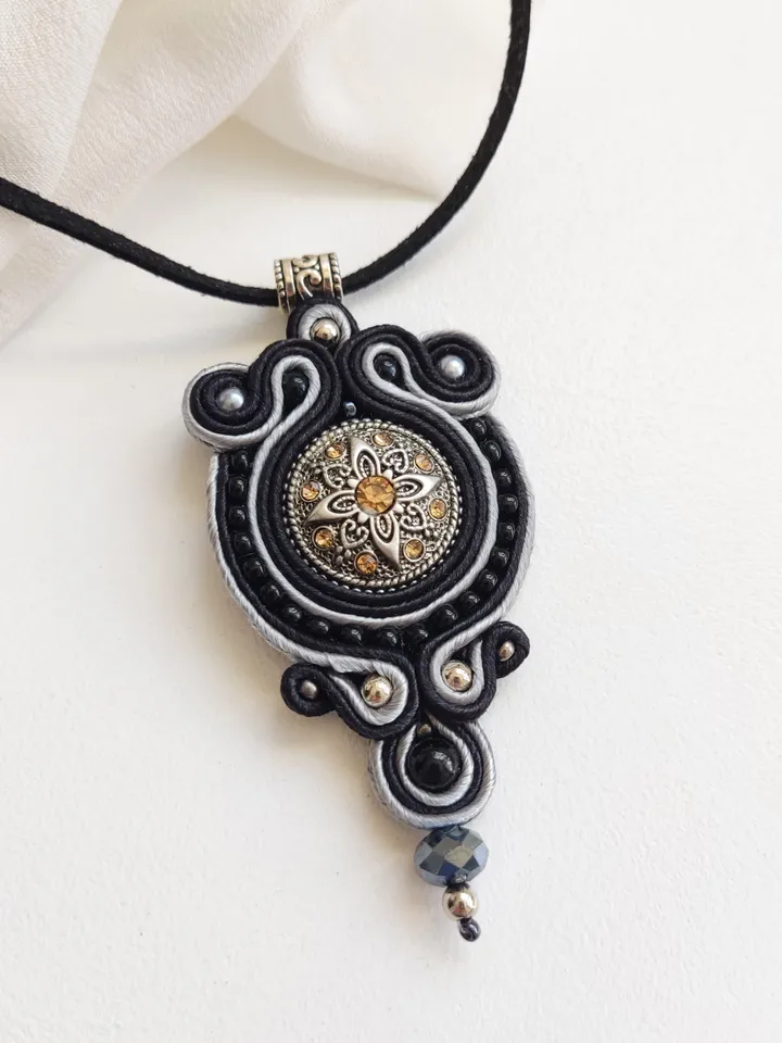Black boho necklace, Soutache pendant, Embroidered necklace, Ethnic necklace, Mandala