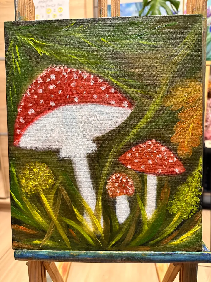 Oil Painting Fly Agaric Mushrooms Mushroom Art Forest Landscape Nature Stretched Canvas 12x10 inches 30x25 cm Wall Decor New Unframed