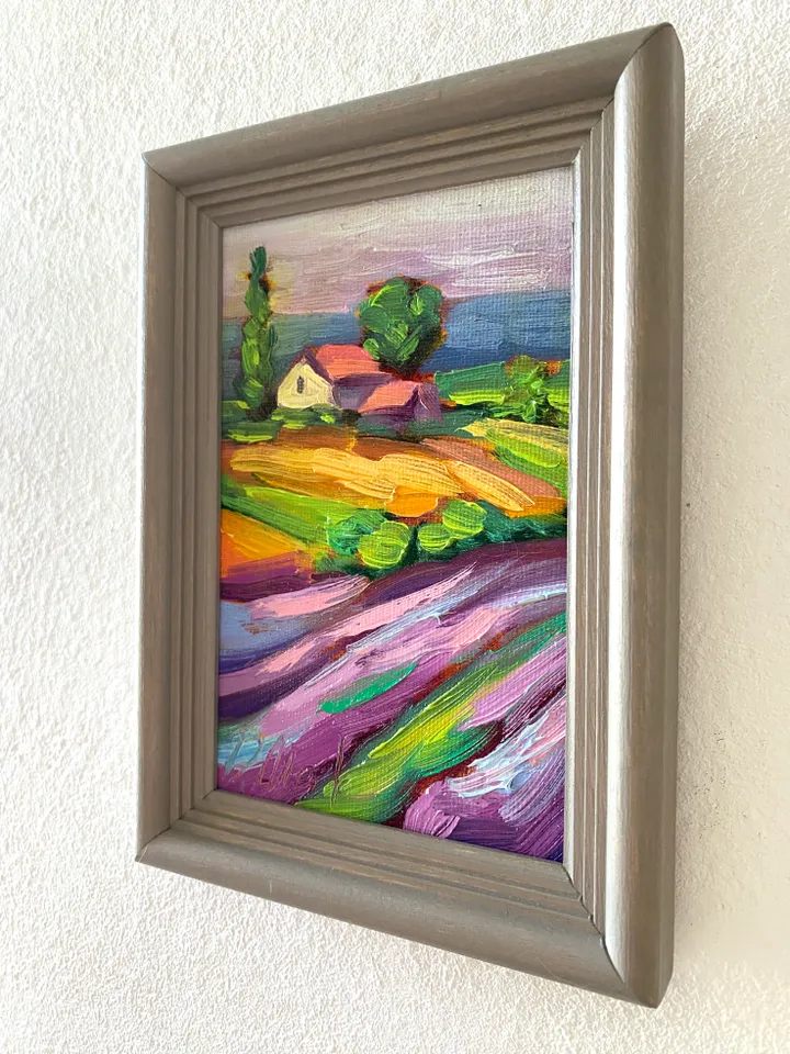 Lavender Fields Painting Tuscany Original Art Landscape Oil Painting Impasto Small Artwork 4x6 Tuscan Serenity Painting Wild Flowers