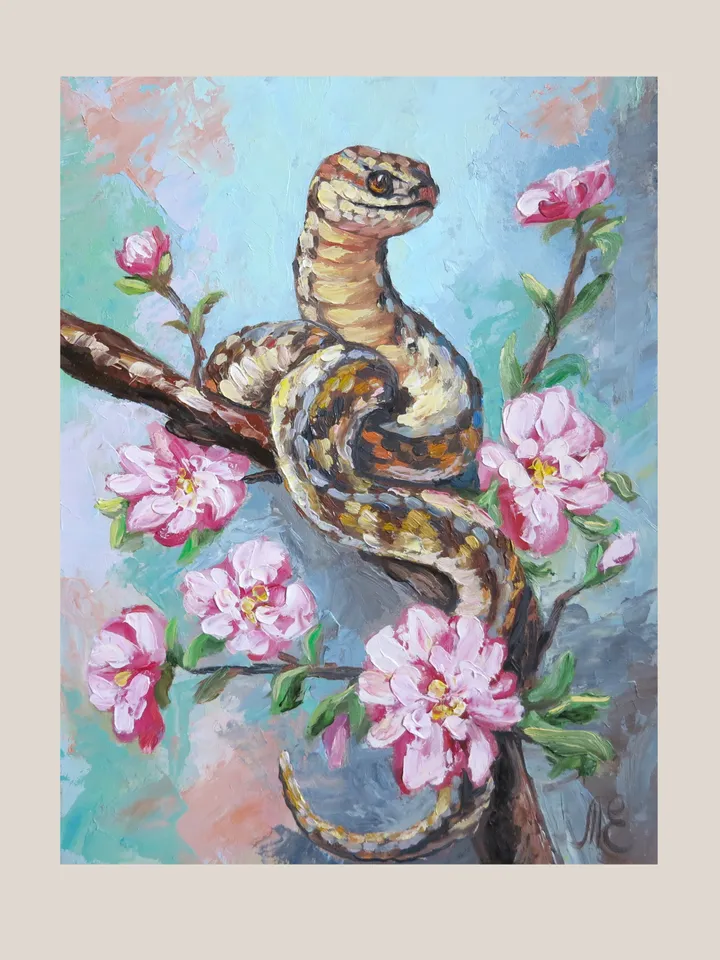 Original Oil Painting Snake on Branch with Flowers, Nature Art Mini Oil Nature Portrait Artwork