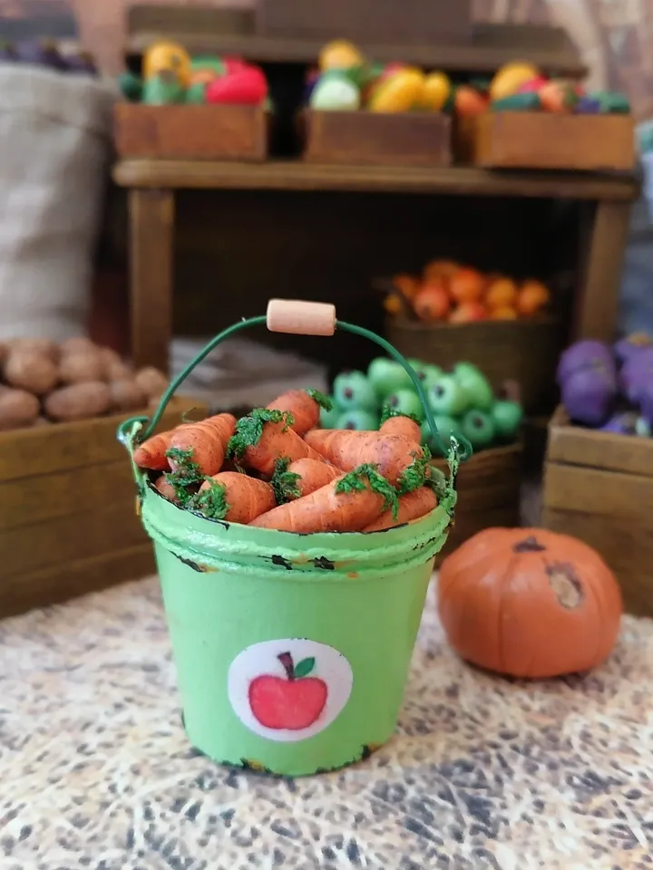 Bucket with carrots. Puppet miniature. 1:12. Doll garden.