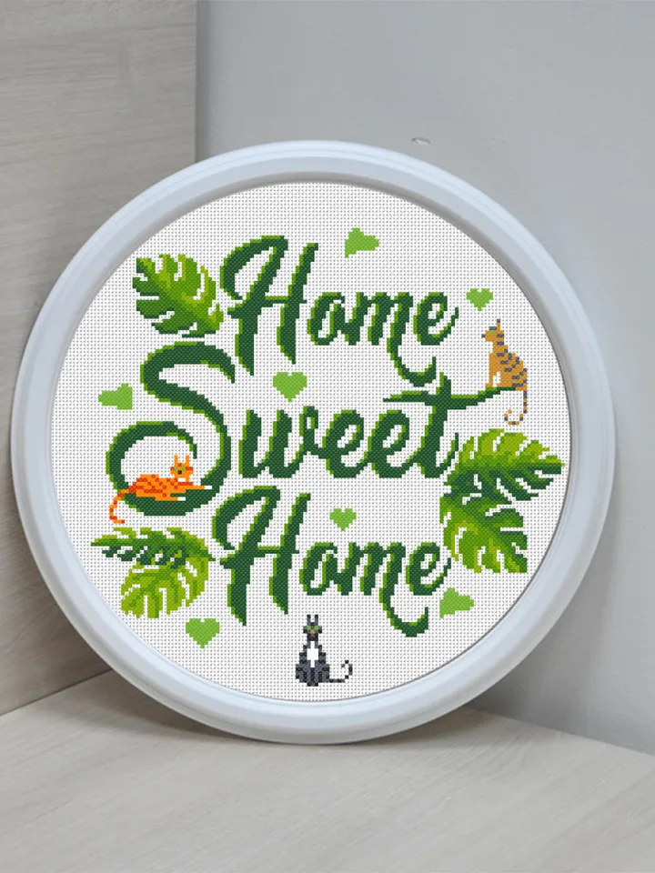Home sweet home cross stitch pattern download PDF Cute cat cross stitch Monstera leaf xstitch chart Modern home decor Plant lover gift #Q23