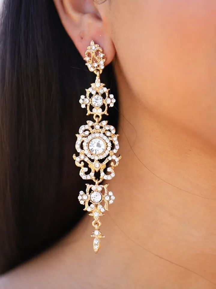 Extra Long Vintage Style Gold Wedding Earrings, Art Deco Bridal Earrings, Swarovski Bridal Earrings, Chandelier Statement Earrings, Jewelry