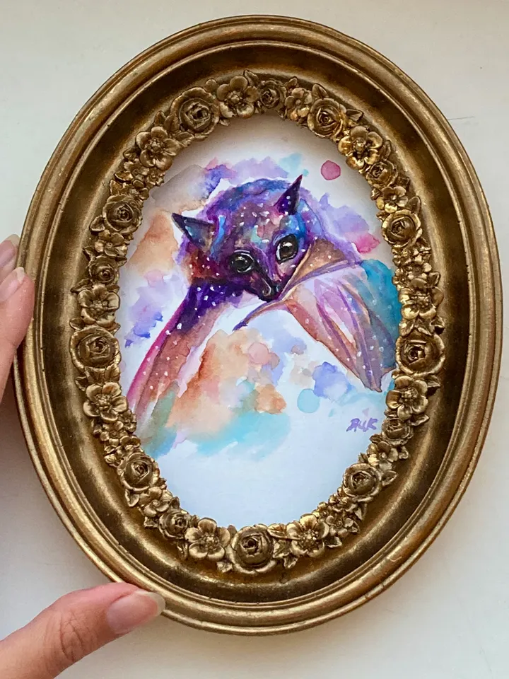 Framed Bat Watercolor Painting Original Cute Bat Art Wild Animals Decor Whimsigoth Art