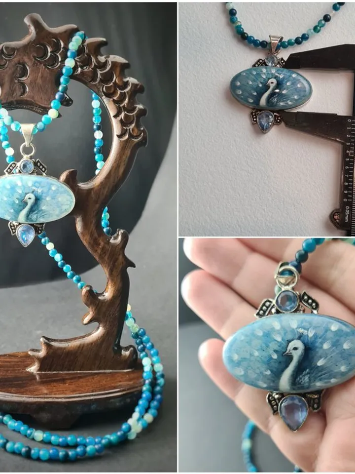 White peacock on blue necklace Miniature painting on Dendritic Agate Stone opal
