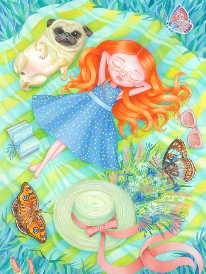 dijital art illustration a girl on a picnic on the weekend