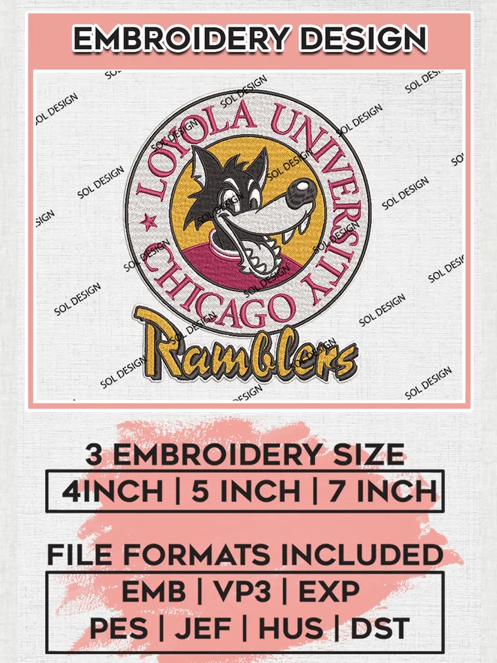 NCAA Ramblers Team Logo Embroidery Design Files, NCAA Loyola Chicago Ramblers Machine Embroidery, NCAA Teams, 3 sizes, NCAA Machine embroidery designs, Digital Download