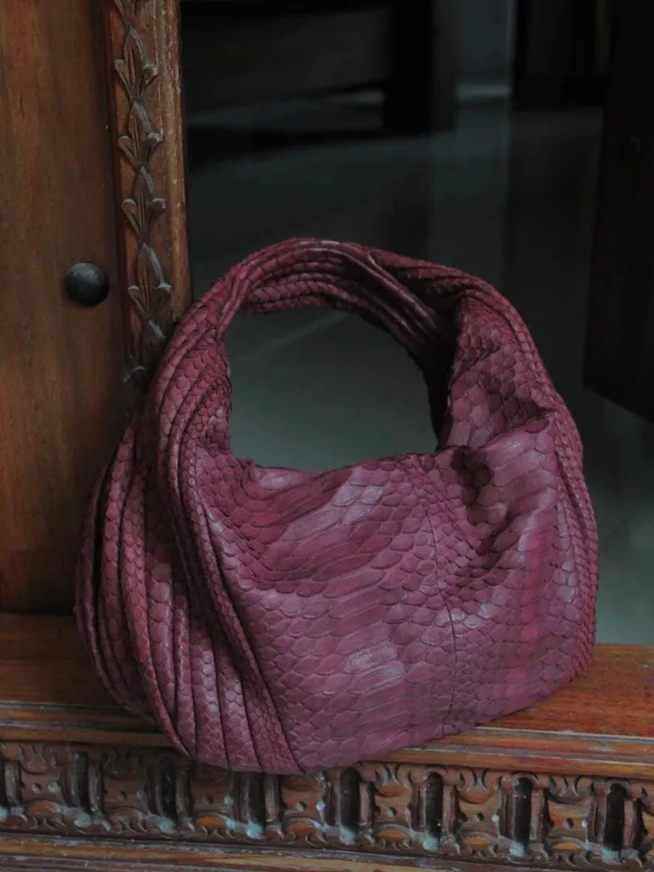 Medium Soft Hobo Classy Sport Woman Stitched Bag | Purse Genuine Python Skin | Dewi wine Big Elegant Leather Designer Soft Bag Snake |
