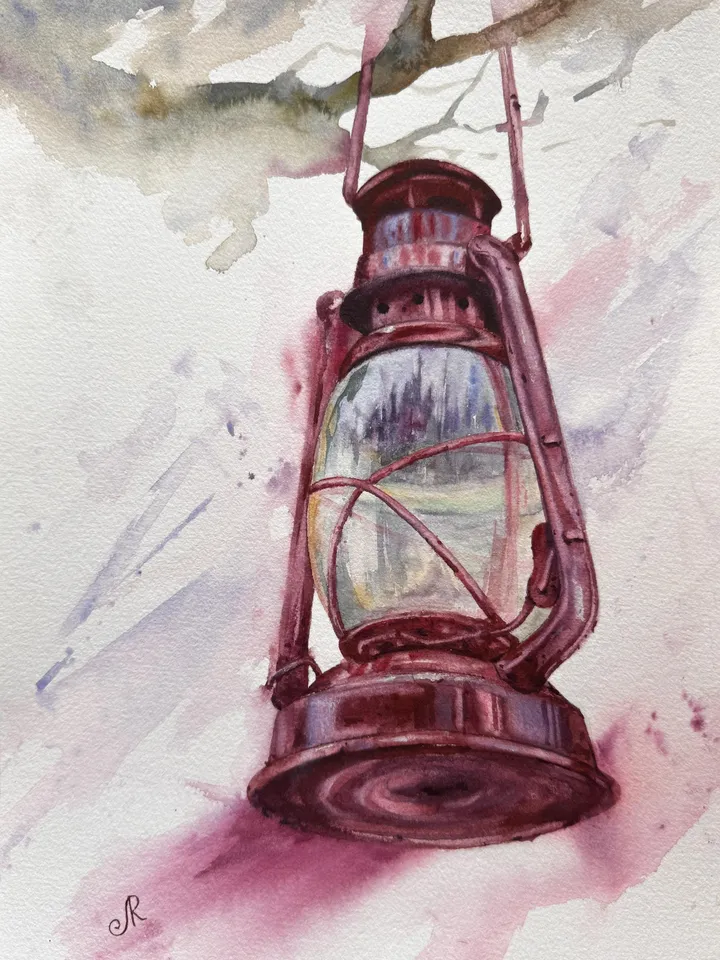 Lantern Painting Street Lamp Painting Cityscape Original Vintage Lantern Old Lamp Painting
