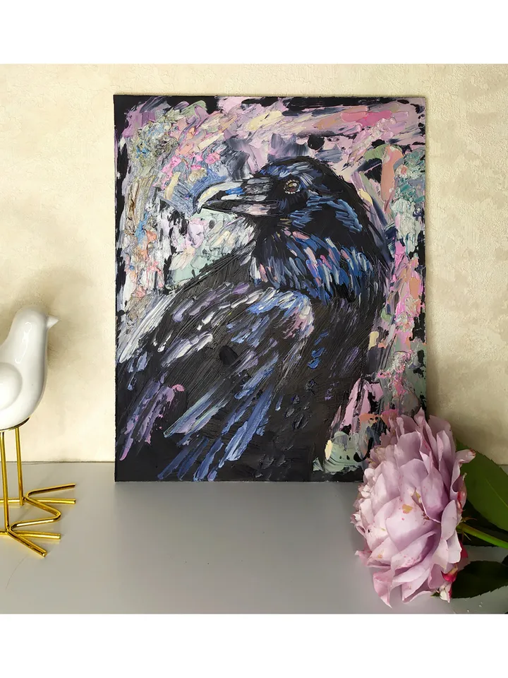 Raven Painting Bird original art 10 by 8 inches Black Crow Wall Art Crow artwork oil painting by Natalia Plotnikova