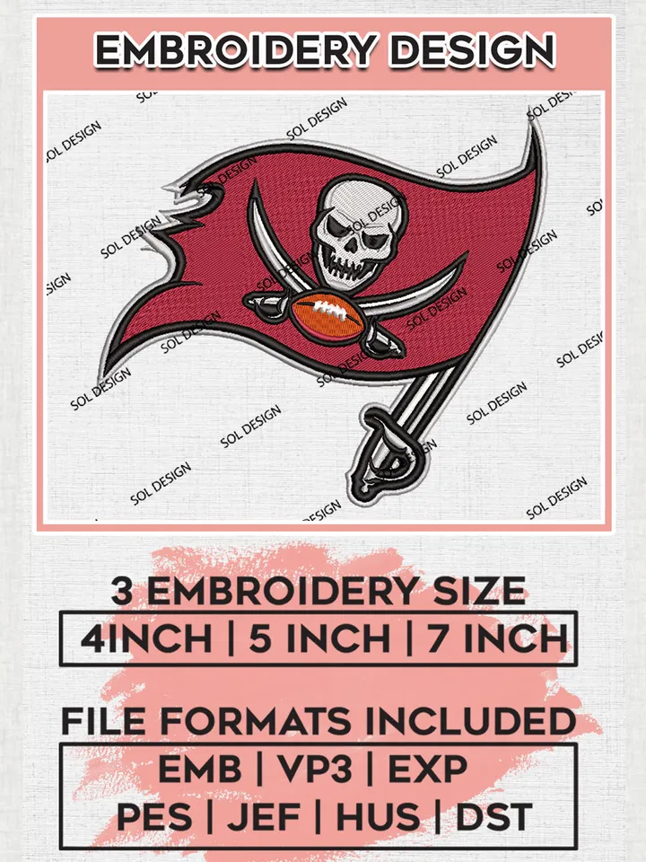 Tampa Bay Buccaneers Logo Embroidery Designs, NFL Buccaneers, NFL Embroidery Designs, NFL Tampa Bay Buccaneers Machine Embroidery Design, Digital Download