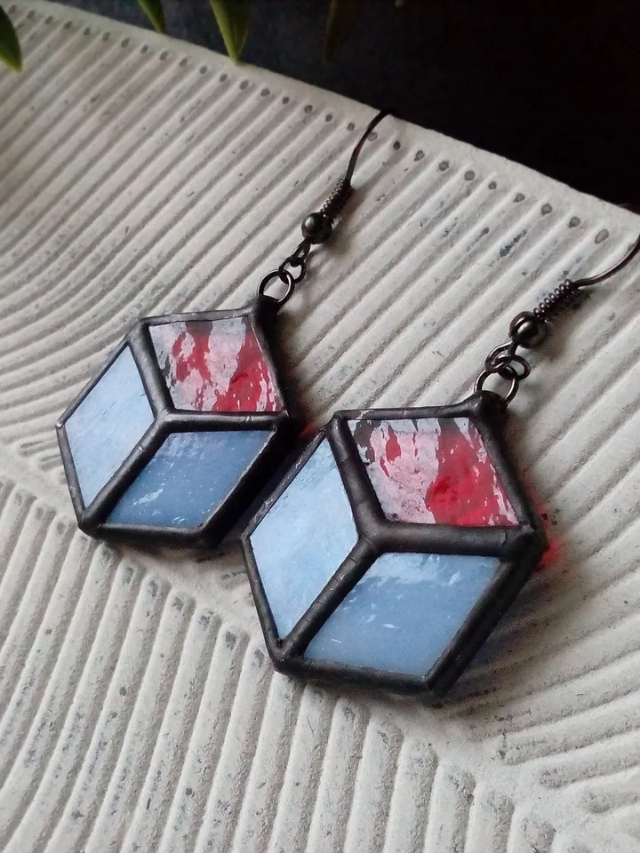 Cube earrrings, hexagon earrings, geometric earrrings, simple stained glass, blue stained glass, honeycomb