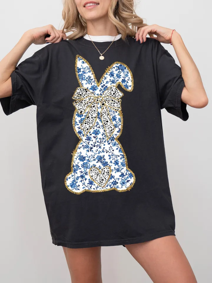Glitter Easter Bunny Coquette PNG | Easter Day Png | Happy Easter Png, Grand Millennial Easter, Chinoiserie Bunny Blue Floral, Trendy Easter