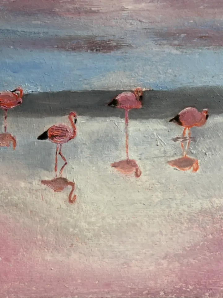 Pink flamingos original oil painting hand painted wall art 6x6 inches