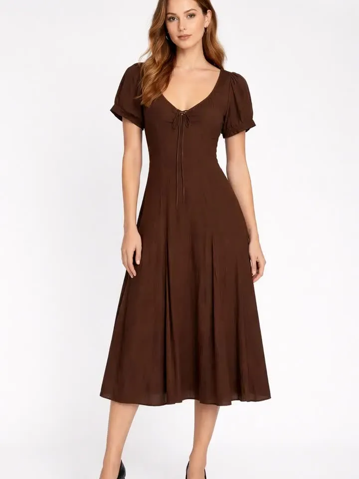 Chocolate Brown Boho Midi Dress | Short Sleeve Cottagecore Dress | Elegant V-Neck Summer Dress for Women $99.00 Chocolate Brown Boho Midi Dress | Short Sleeve Cottagecore Dress | Elegant V-Neck Summer Dress for Women $99.00