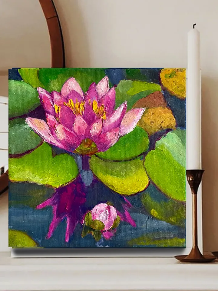 Water Lily Original Oil Painting on Canvas, Flowers Wall Art, Lotus Canvas Art