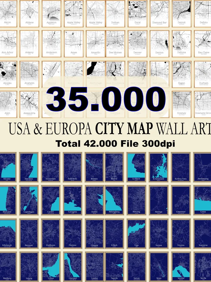 35000 USA & EU City Map, Digital Download, City Map Download, Printable art,Map Art,City Map Print, Valentines Day Gift, digital Prints
