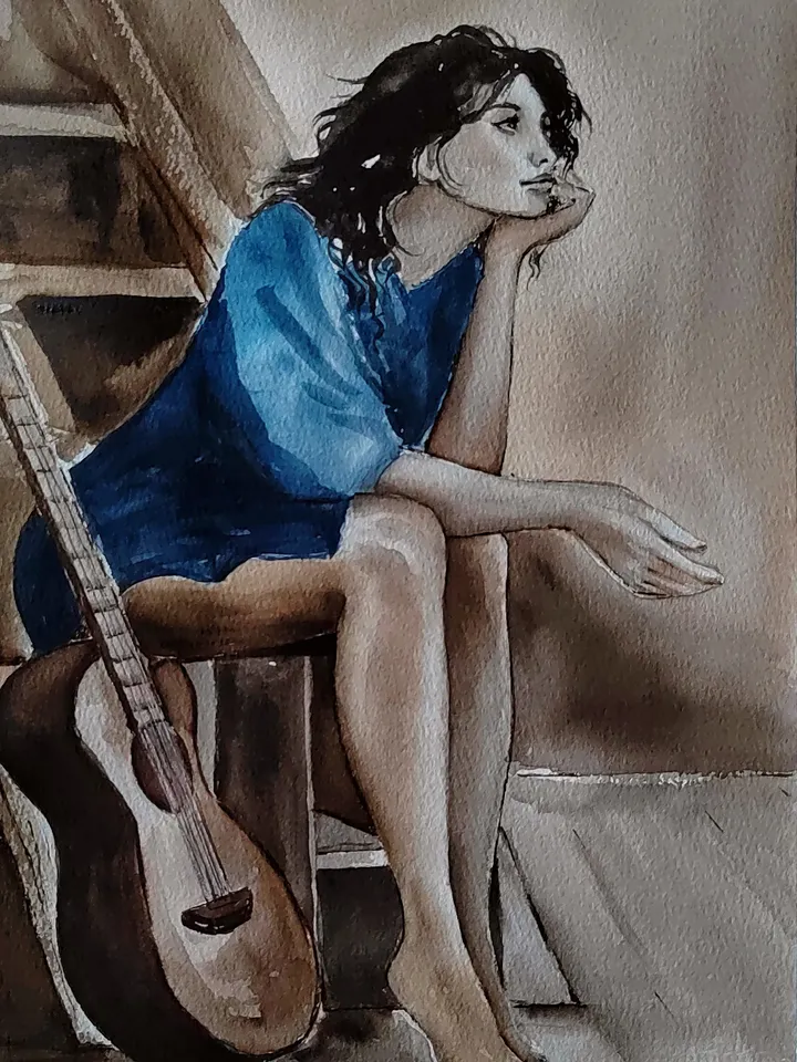 Girl with Guitar Artwork Original Watercolor Painting 8.27x 11.42 in by Art Café