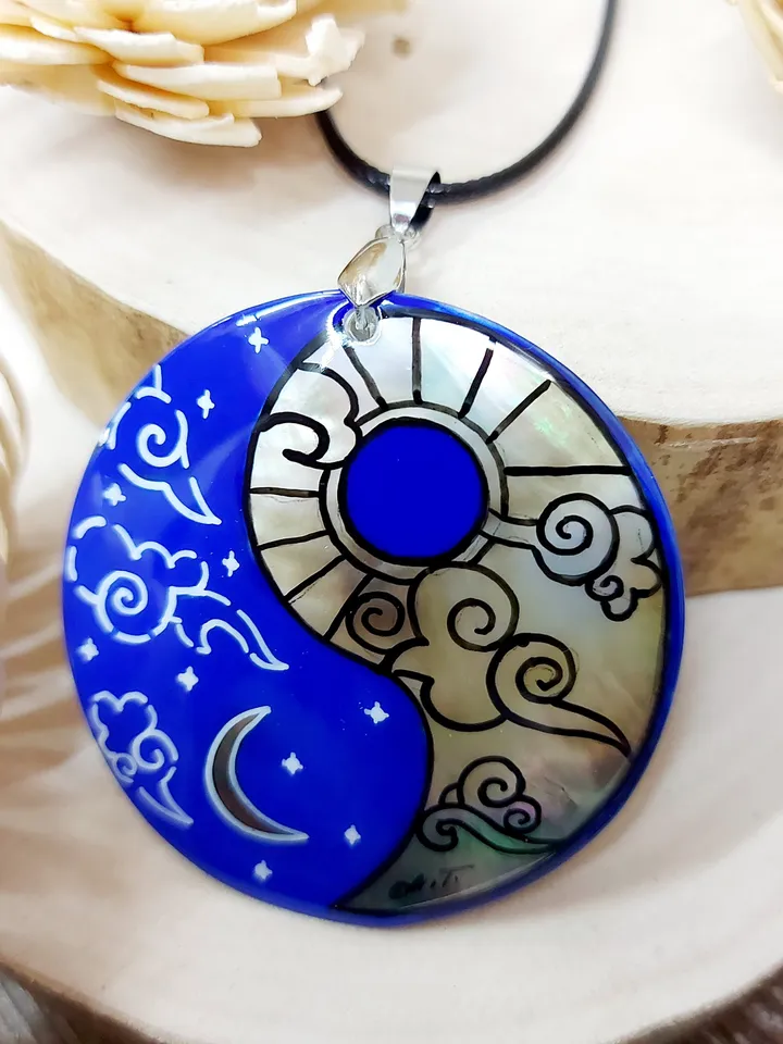 Mother-of-pearl Russian necklace with hand-painted pendant "Yin-Yang. Day-Night" Hand-painted Necklace Pendant