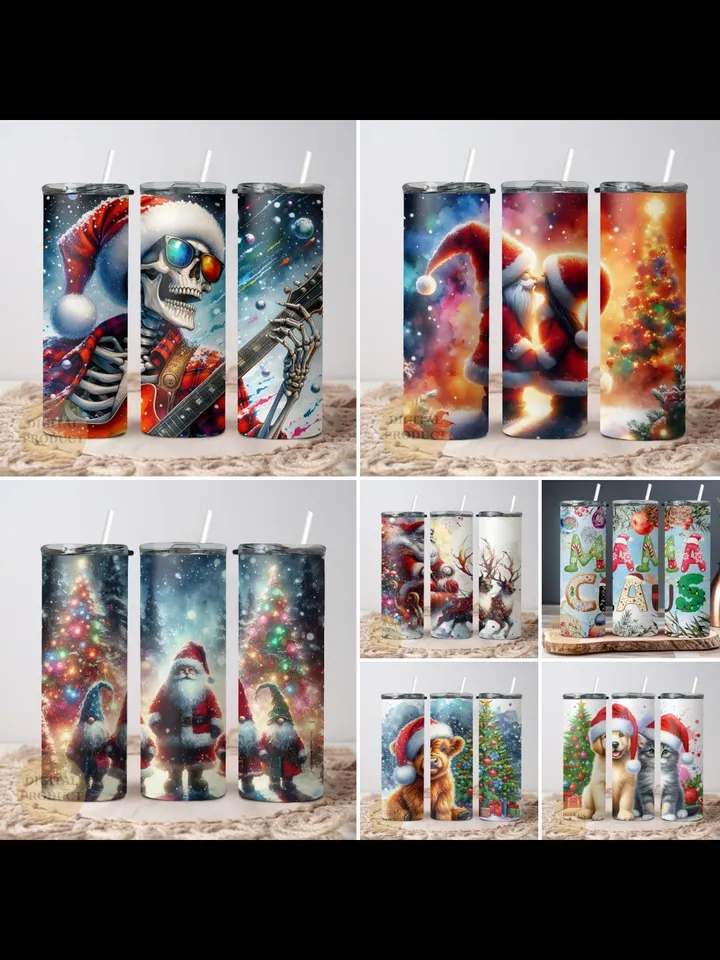 10 Christmas 20 Oz Tumbler Wrap png Bundle, Christmas Sublimation Designs for Tumblers, Santa with Sleigh, Christmas Gnomes with Santa Cat