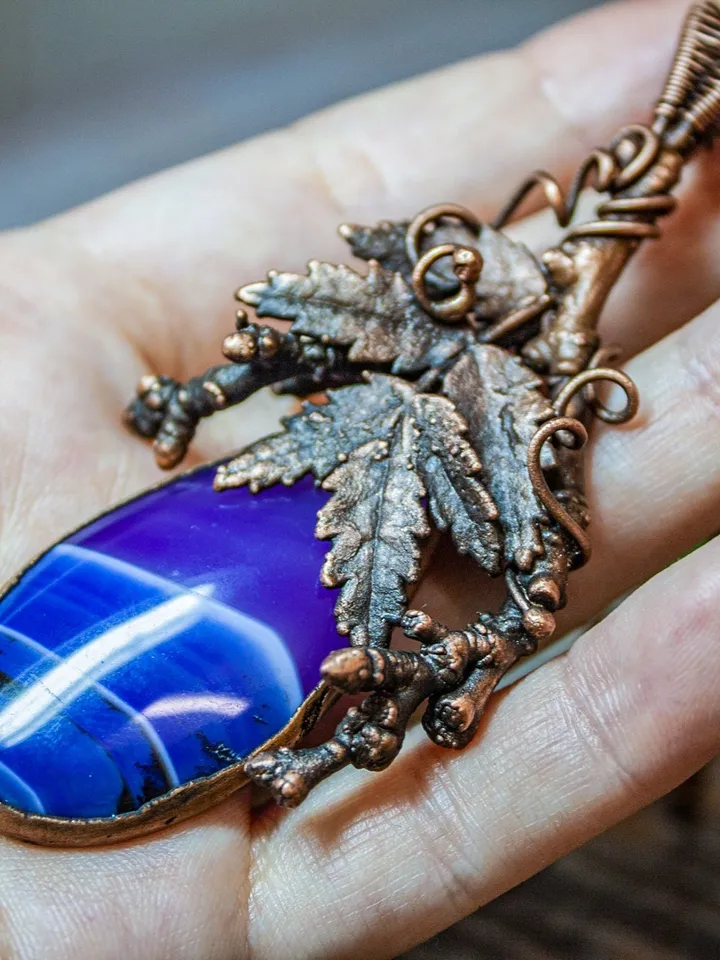 Unique handmade copper pendant made of natural leaves and twigs using the electroforming method, with a natural agate, an original gift