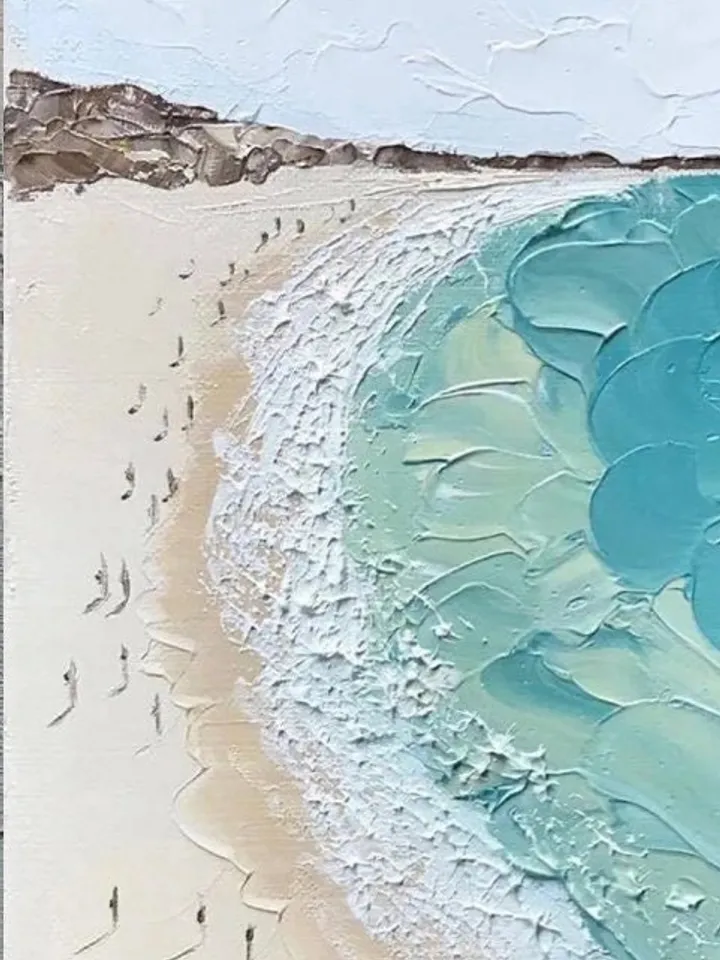 Abstract Beach Canvas Painting,Large Original Sunshine Ocean Coast Seascape Oil Painting Wall Art, Modern Blue Beige Living Room Wall Decor