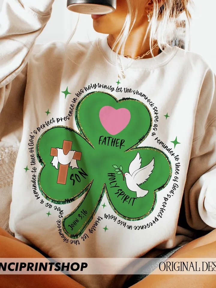 Shamrock Holy Trinity - St. Patrick's Day Bible Verse Cards, Father, Son & Holy Spirit 3 Leaf Clover, Christian St. Patrick's PNG, Regilious