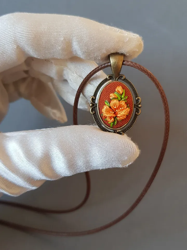 Ribbon embroidered pendant for her, yellow flower jewelry embroidery