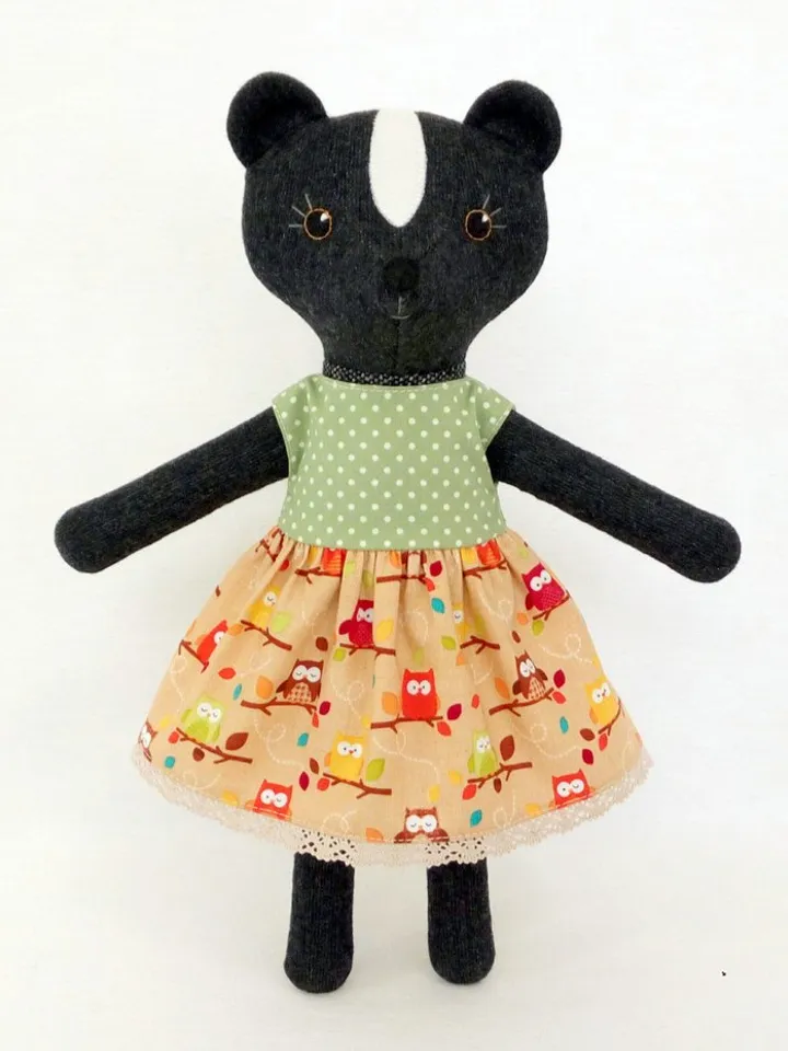 Black skunk girl, stuffed wool plush toy, handmade skunk fabric doll