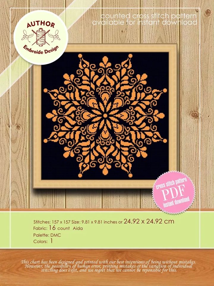 Mandala cross stitch pattern download PDF, Monochrome mandala digital PDF, Floral ornament cross stitch chart, Easy beginner stitch #M107